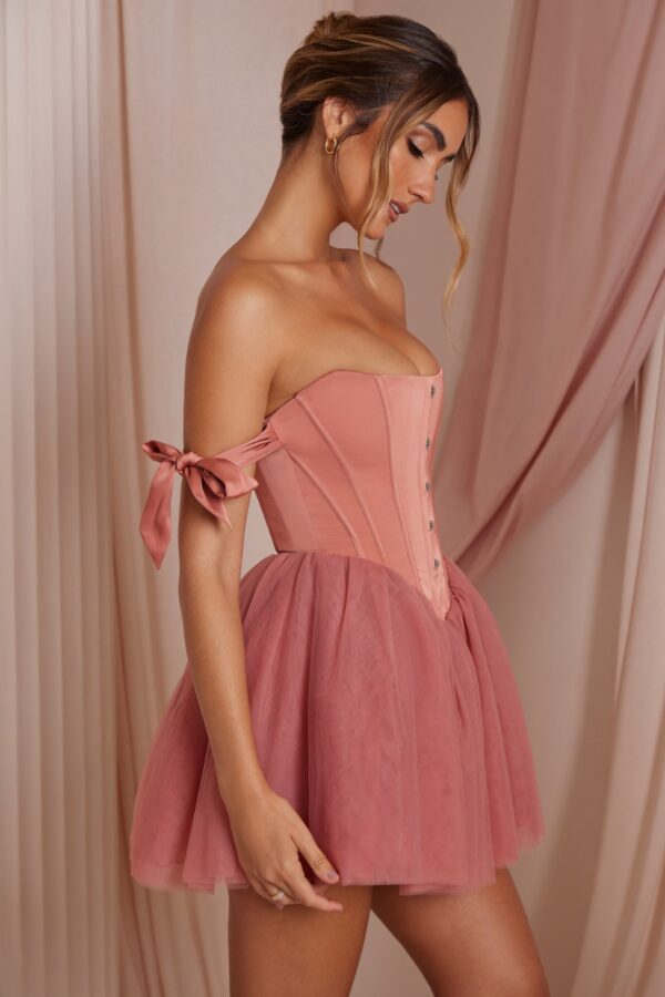 Off Shoulder Tulle Skirt Mini Dress in Terracotta - Image 3