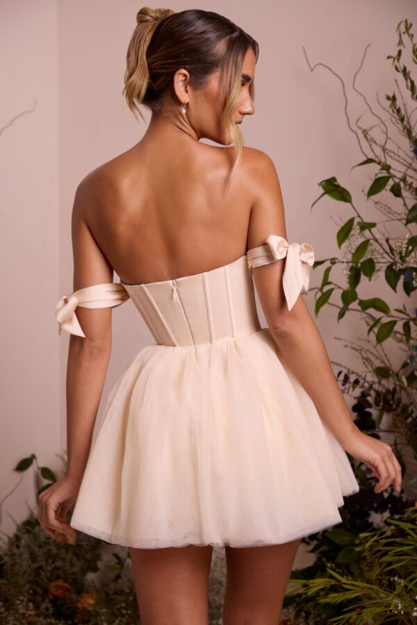 Off Shoulder Tulle Skirt Mini Dress in Ivory - Image 2