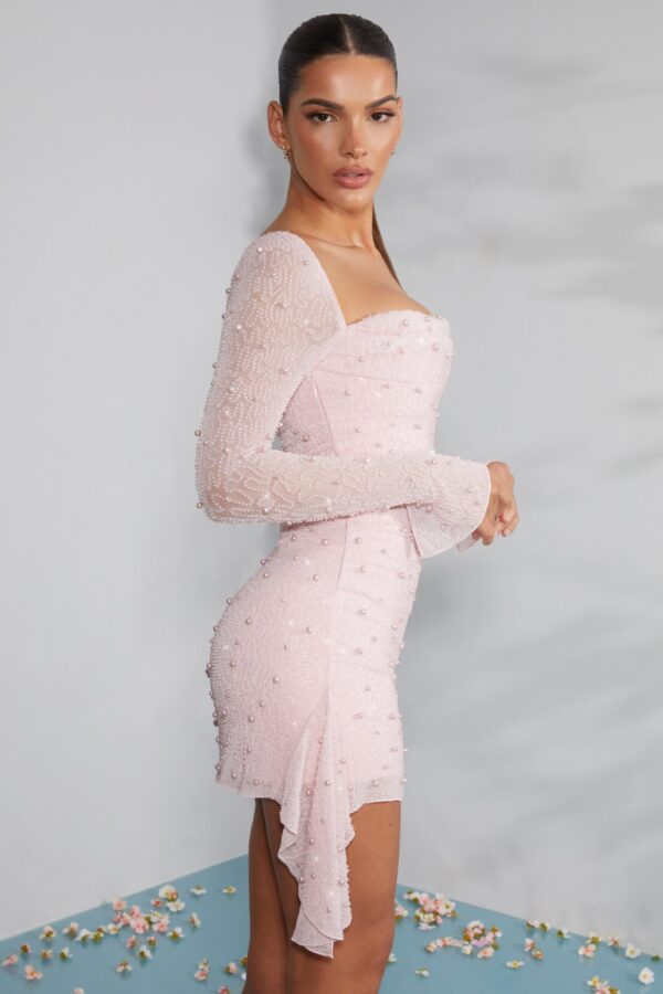 Long Sleeve Embellished Cowl Neck Mini Dress in Blush - Image 3