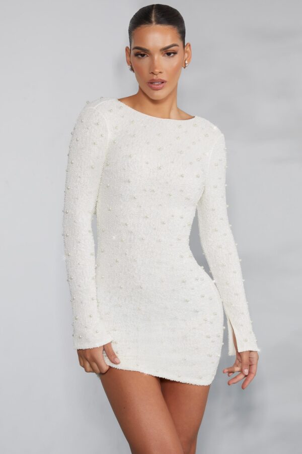 Long Sleeve Embellished Backless Mini Dress in Ivory - Image 9