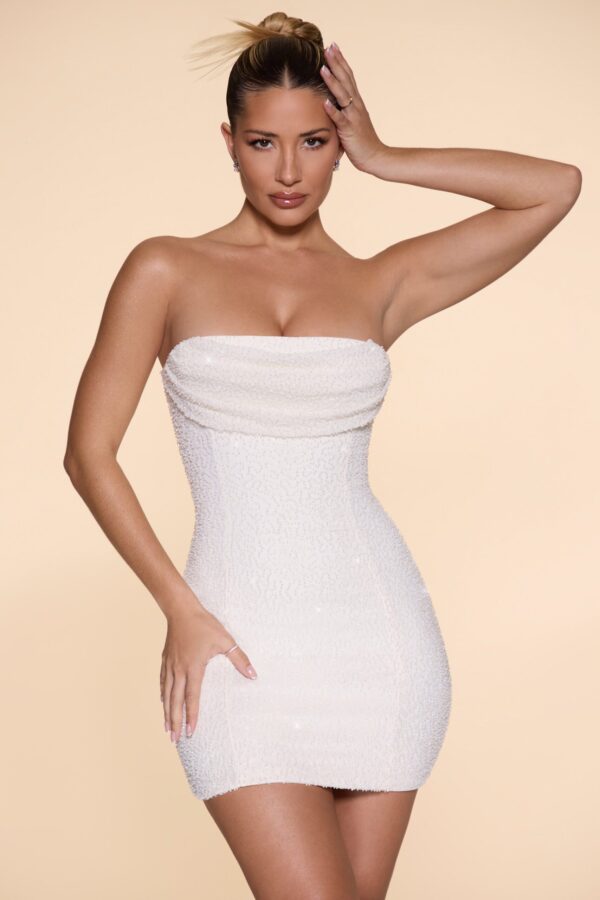 Embellished Strapless Cowl Neck Mini Dress in Ivory - Image 5