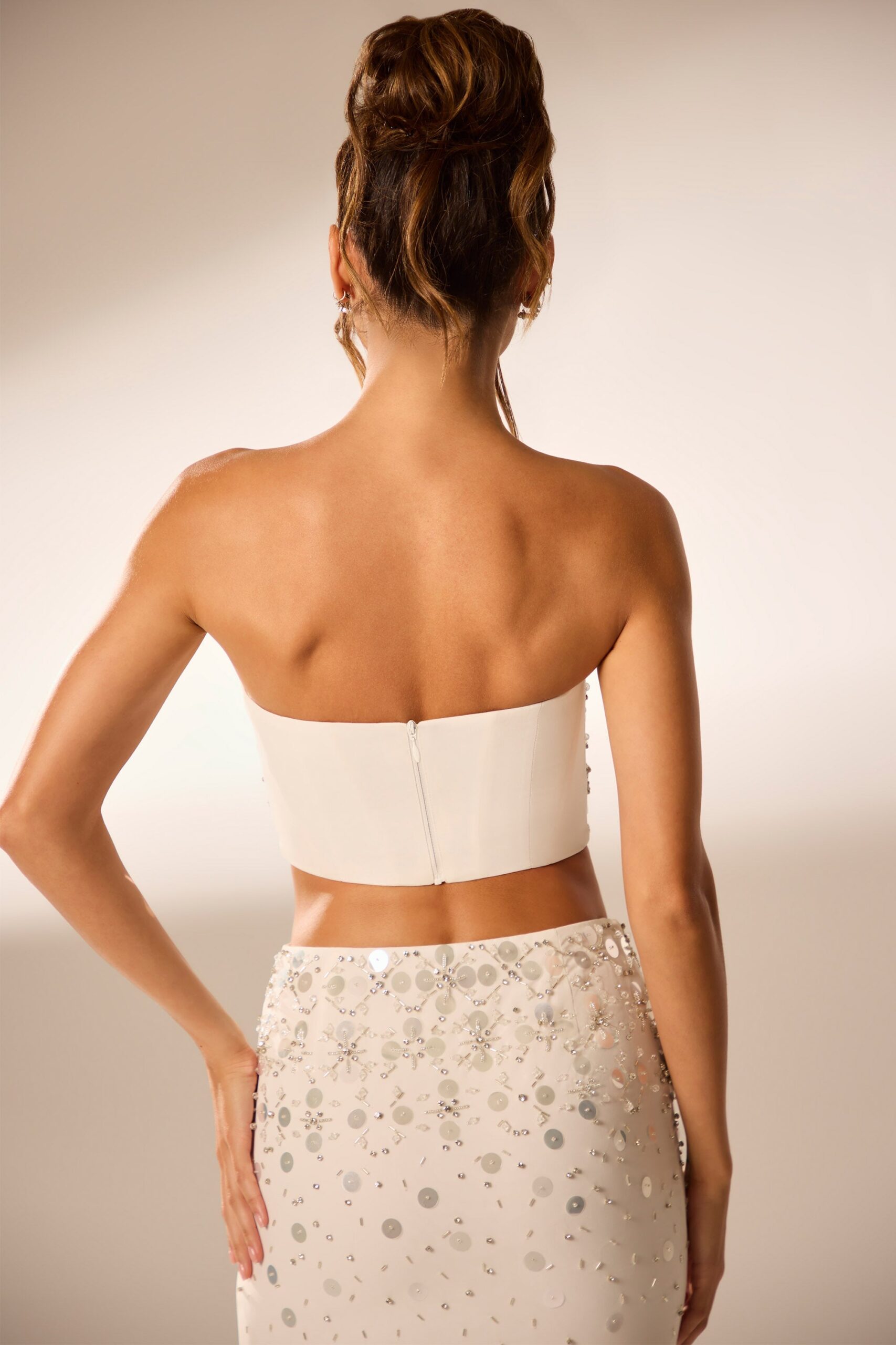 Hand Embellished Bandeau Corset Crop Top in Ivory - Image 2