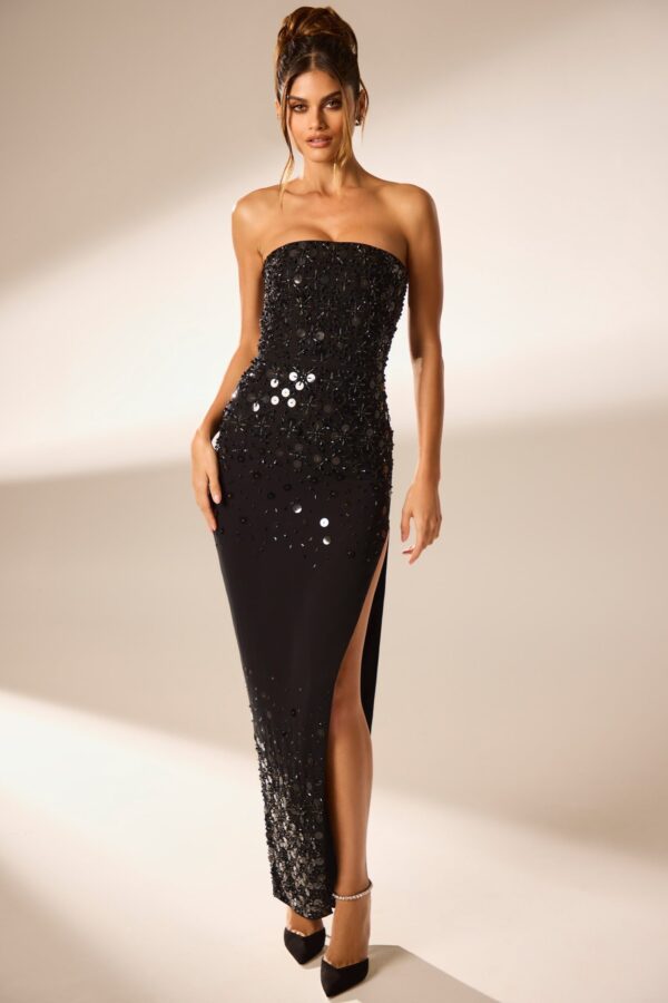 Hand Embellished Bandeau Maxi Dress in Black - Image 5
