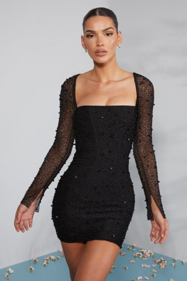 Long Sleeve Embellished Corset Mini Dress in Black - Image 8