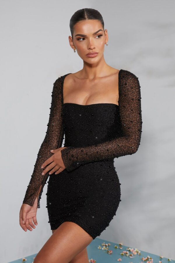 Long Sleeve Embellished Corset Mini Dress in Black - Image 9