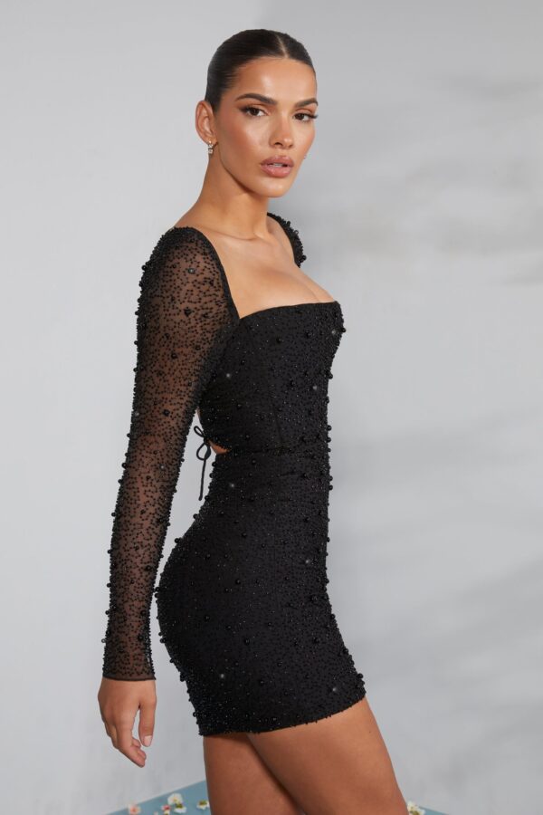 Long Sleeve Embellished Corset Mini Dress in Black - Image 6