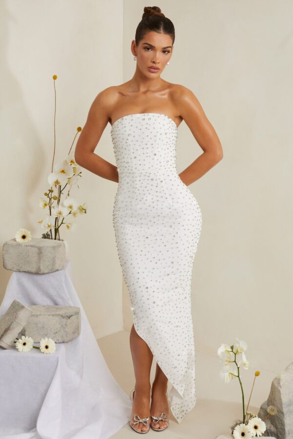 Hand Embellished Asymmetric Midi Dress in White - Image 6