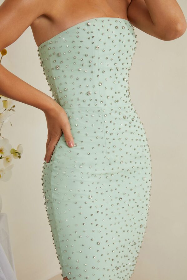Hand Embellished Asymmetric Midi Dress in Sage - Image 5