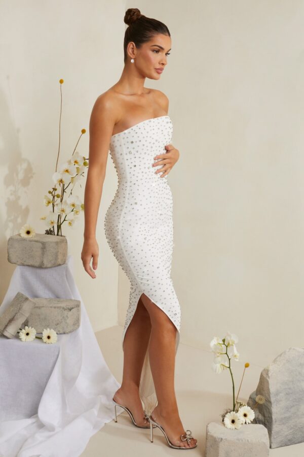 Hand Embellished Asymmetric Midi Dress in White - Image 3
