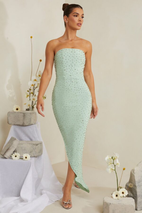 Hand Embellished Asymmetric Midi Dress in Sage - Image 8