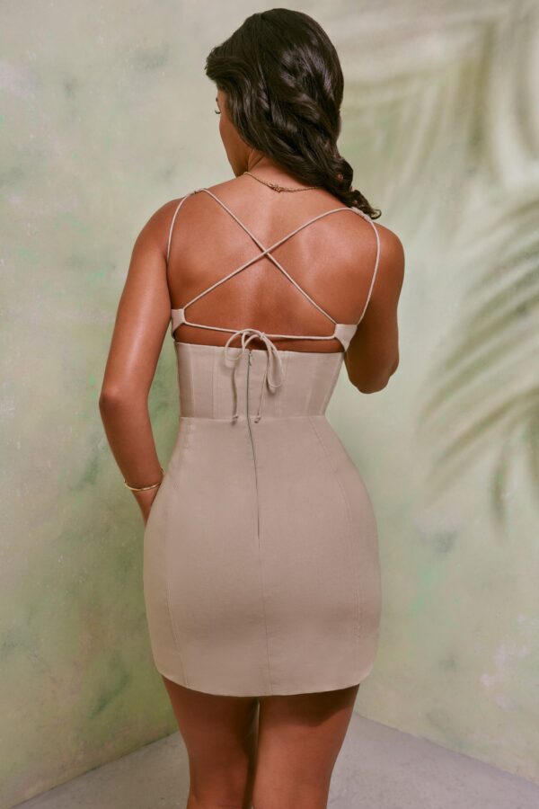Lace Up Back Linen Mini Dress in Sand - Image 2