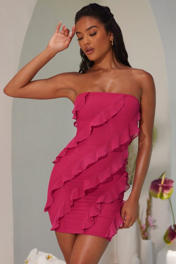 Bandeau Ruffle Detail Mini Dress in Fuchsia - Image 5