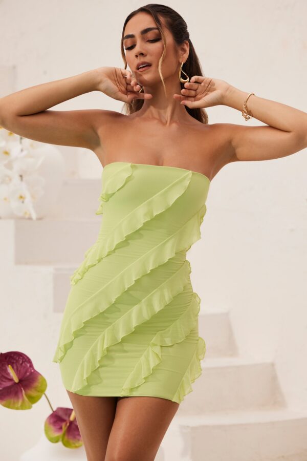 Bandeau Ruffle Detail Mini Dress in Lime Green - Image 7