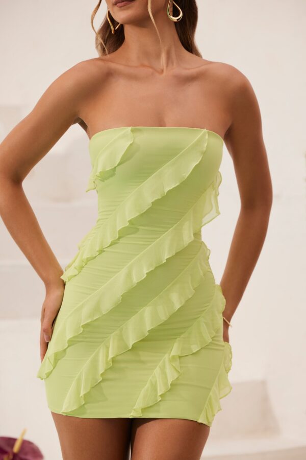 Bandeau Ruffle Detail Mini Dress in Lime Green - Image 4