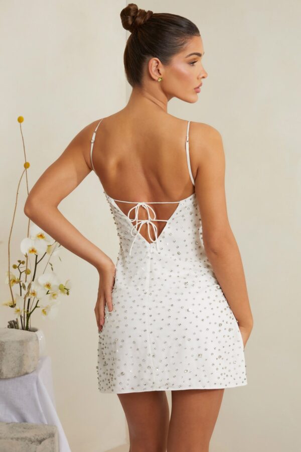 Hand Embellished Cowl Neck Mini Dress in White - Image 2