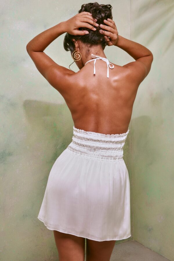 Halter Neck Cut Out Shirred Mini Dress in White - Image 2