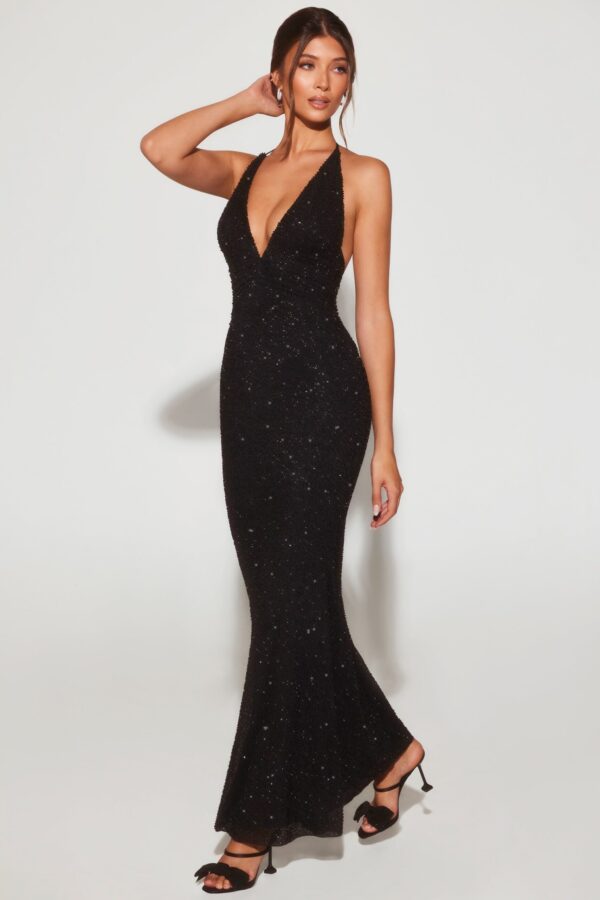 Embellished Plunge Halter Neck Evening Gown in Black - Image 10
