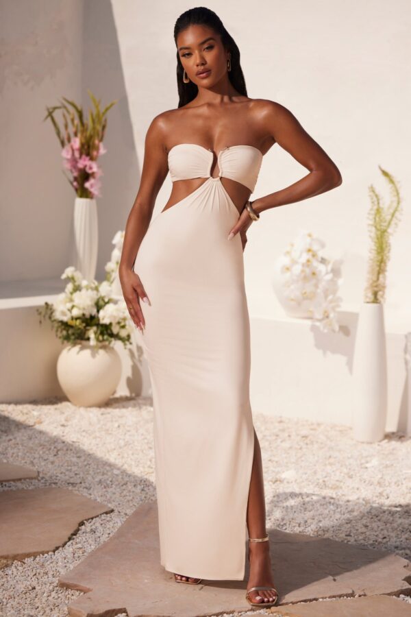 Ruched Hardware Detail Bandeau Floor Length Dress in Ivory - Image 7