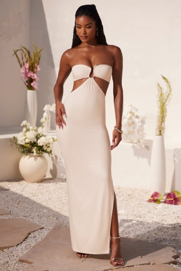 Ruched Hardware Detail Bandeau Floor Length Dress in Ivory - Image 9