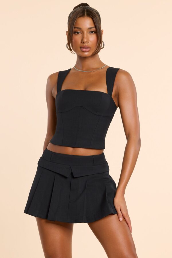 Brushed Twill Mid Rise Pleated Micro Mini Skirt in Black - Image 7
