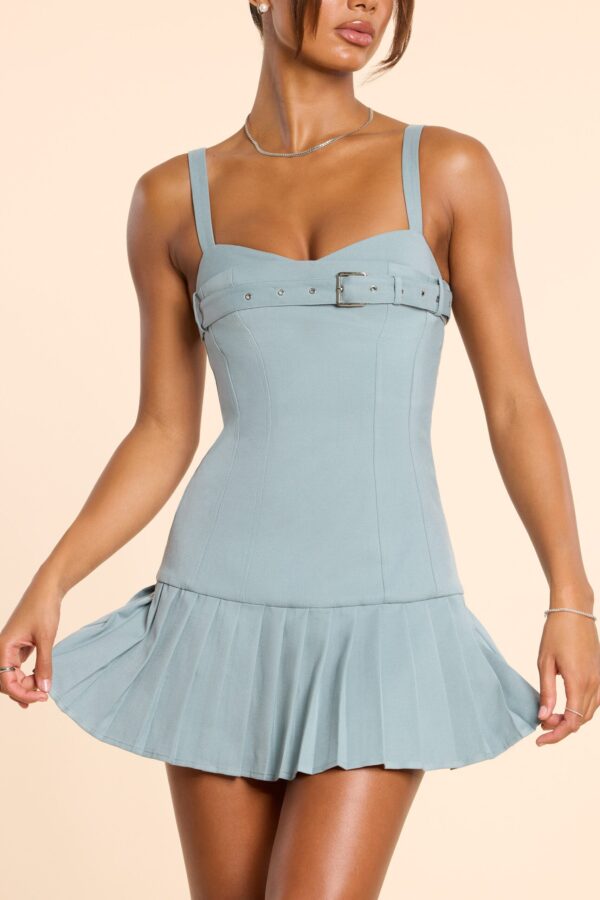 Brushed Twill Drop Waist Kilt Mini Dress in Stone Blue - Image 9