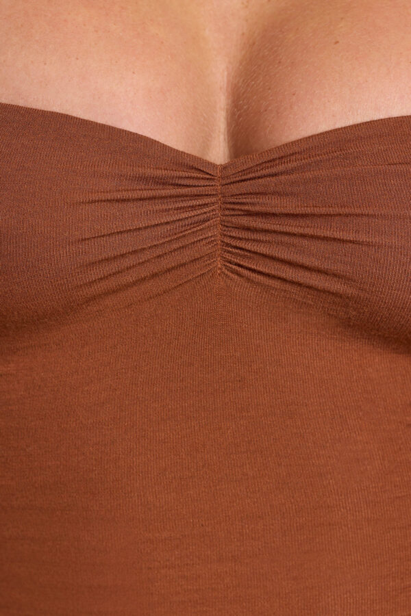 Long Sleeve Ruched Modal Cashmere Blend Mini Dress in Chestnut Brown - Image 5