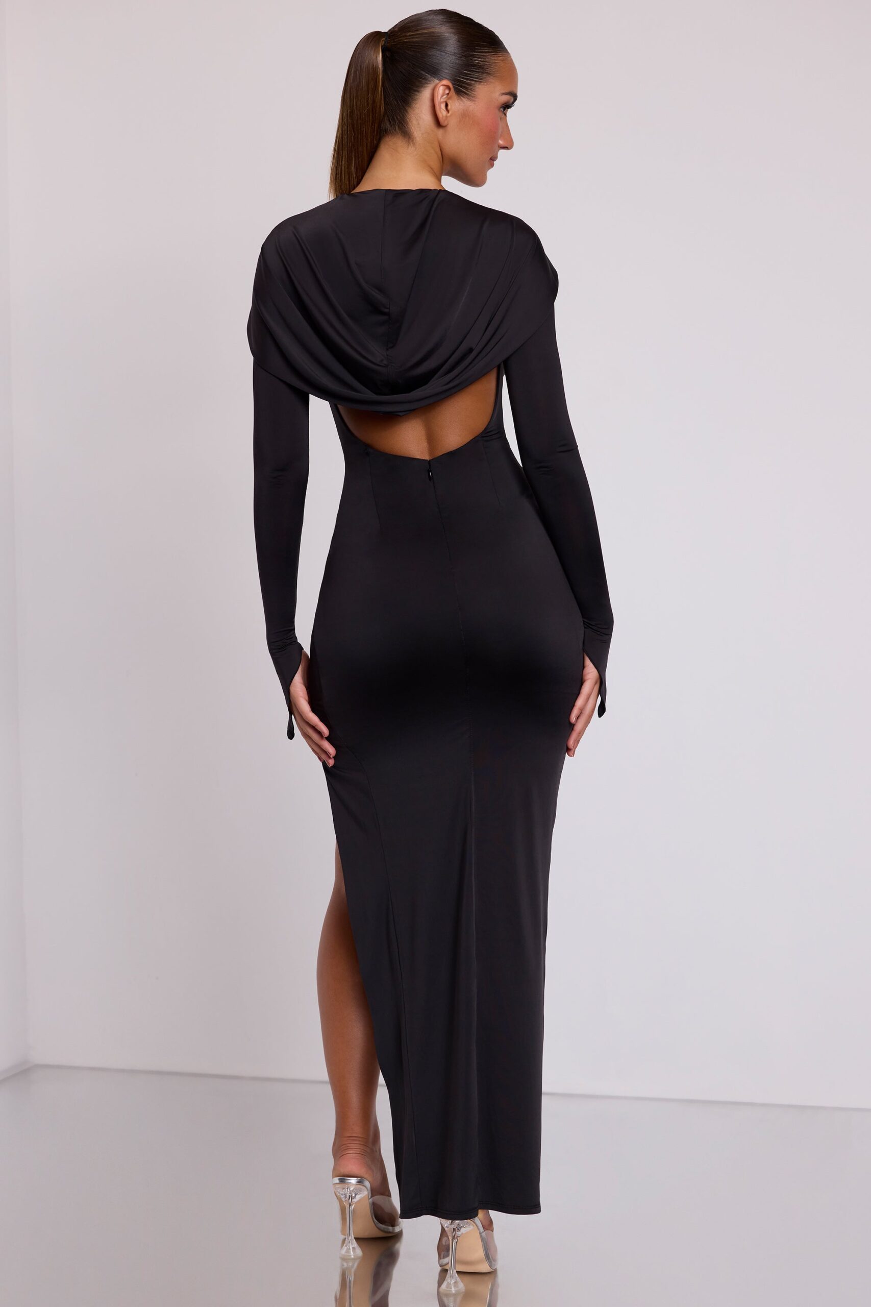 Hooded Long Sleeve Maxi Dress in Black - Image 8
