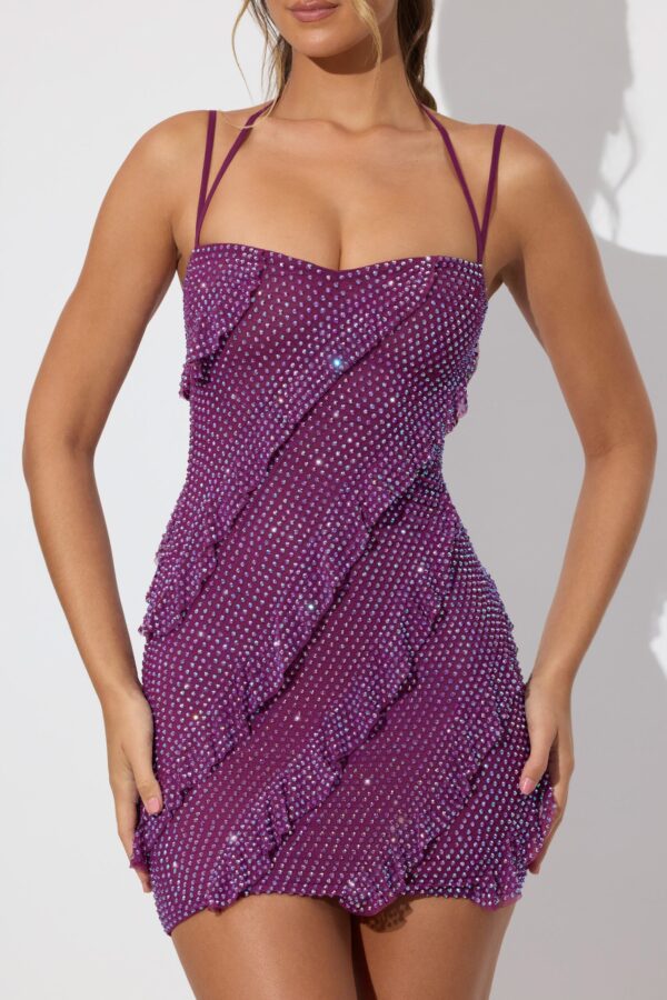 Embellished Ruffle Mini Dress in Plum - Image 4
