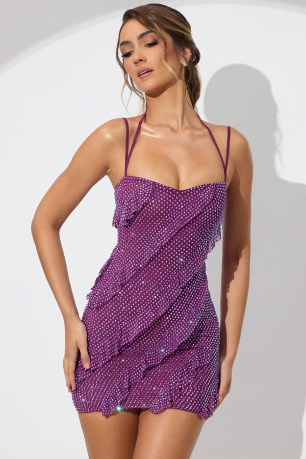 Embellished Ruffle Mini Dress in Plum - Image 9