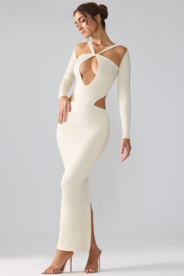 Premium Jersey Long Sleeve Cut Out Maxi Dress in Ivory - Image 7