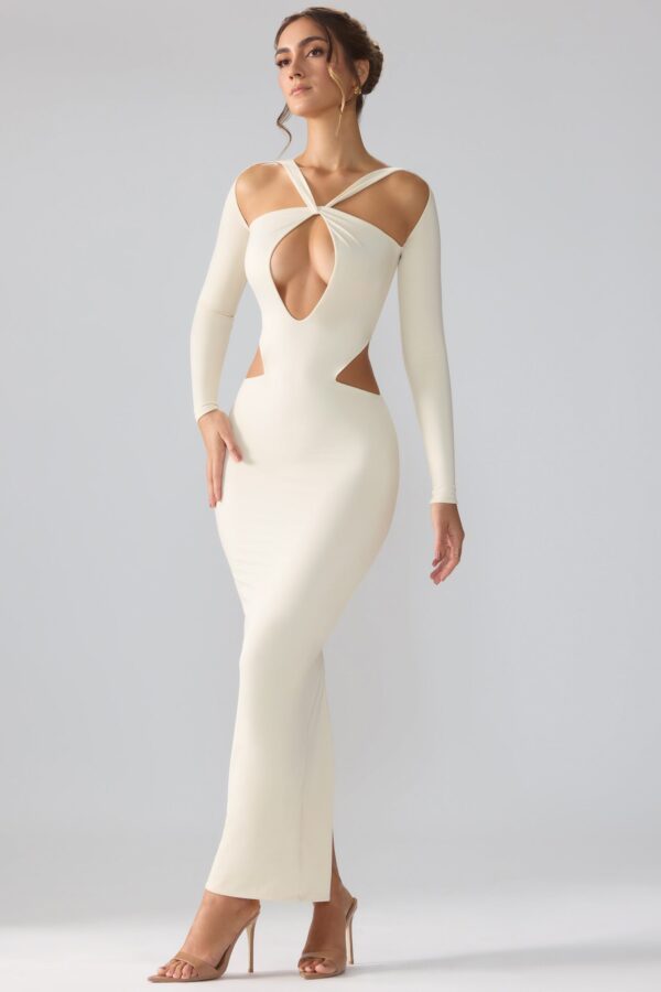 Premium Jersey Long Sleeve Cut Out Maxi Dress in Ivory - Image 8