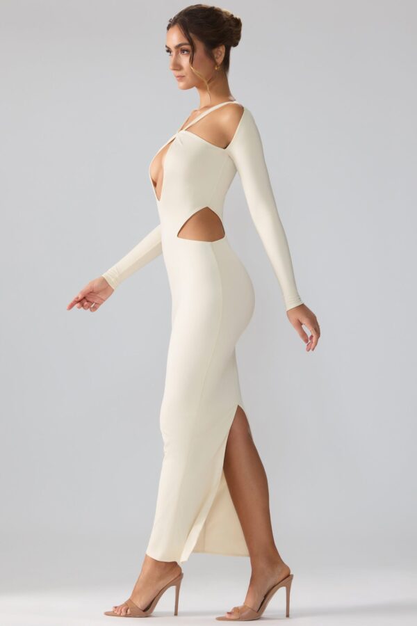 Premium Jersey Long Sleeve Cut Out Maxi Dress in Ivory - Image 3