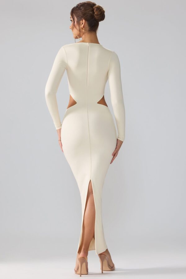 Premium Jersey Long Sleeve Cut Out Maxi Dress in Ivory - Image 2