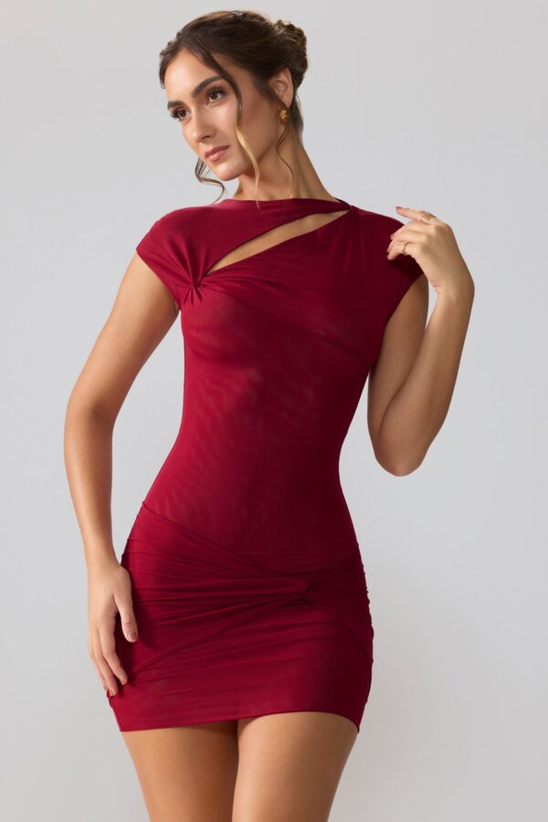 Mesh Cap Sleeve Cut Out Mini Dress in Ruby - Image 8