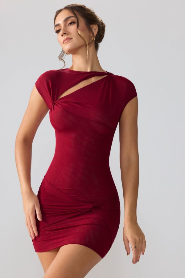 Mesh Cap Sleeve Cut Out Mini Dress in Ruby - Image 9