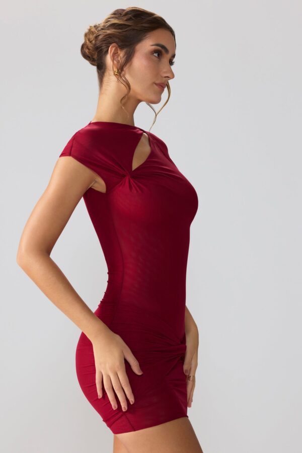 Mesh Cap Sleeve Cut Out Mini Dress in Ruby - Image 3