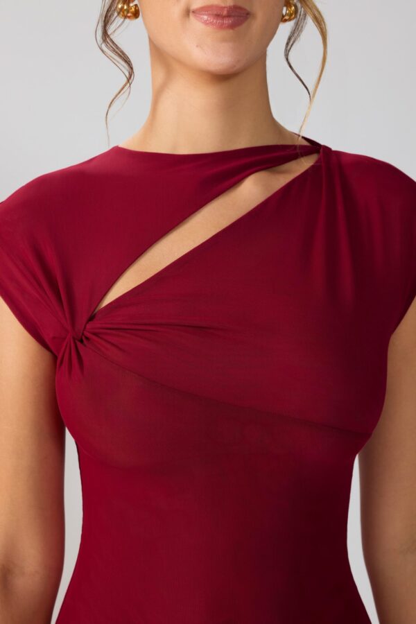 Mesh Cap Sleeve Cut Out Mini Dress in Ruby - Image 5