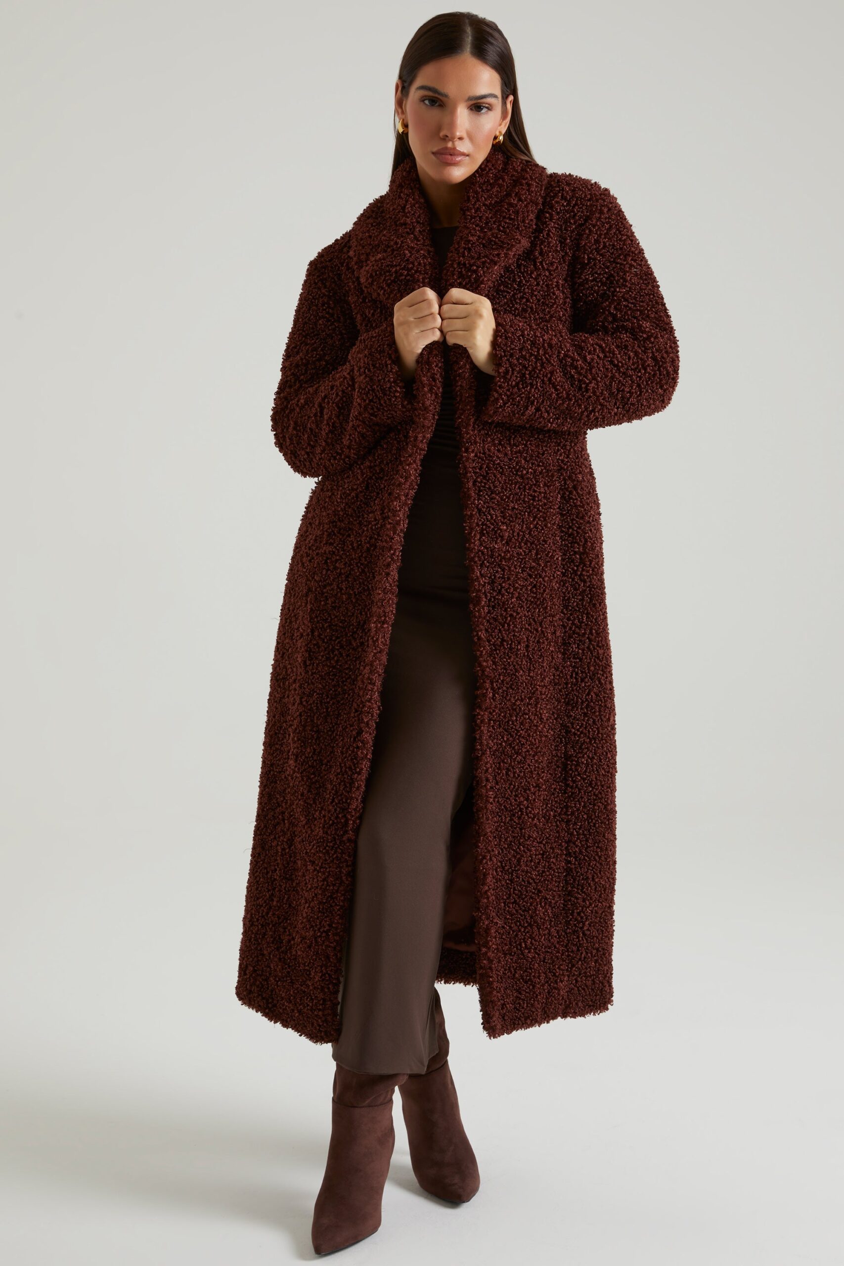 Long Shearling Coat in Brown - Image 10