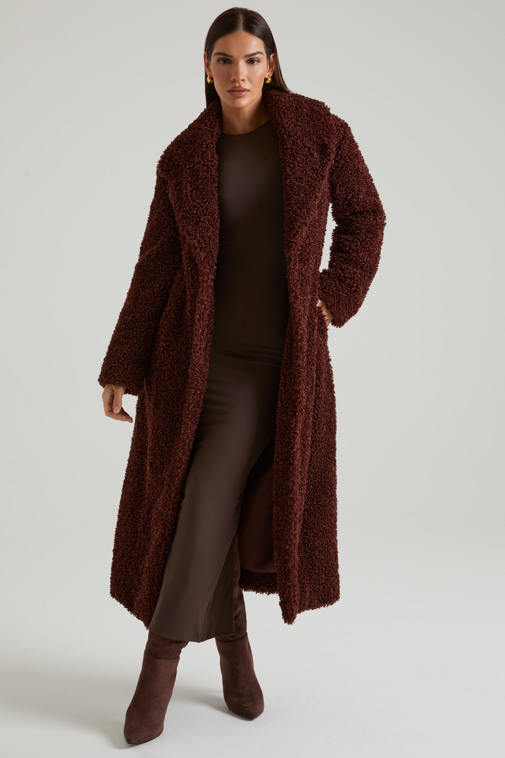 Long Shearling Coat in Brown - Image 6