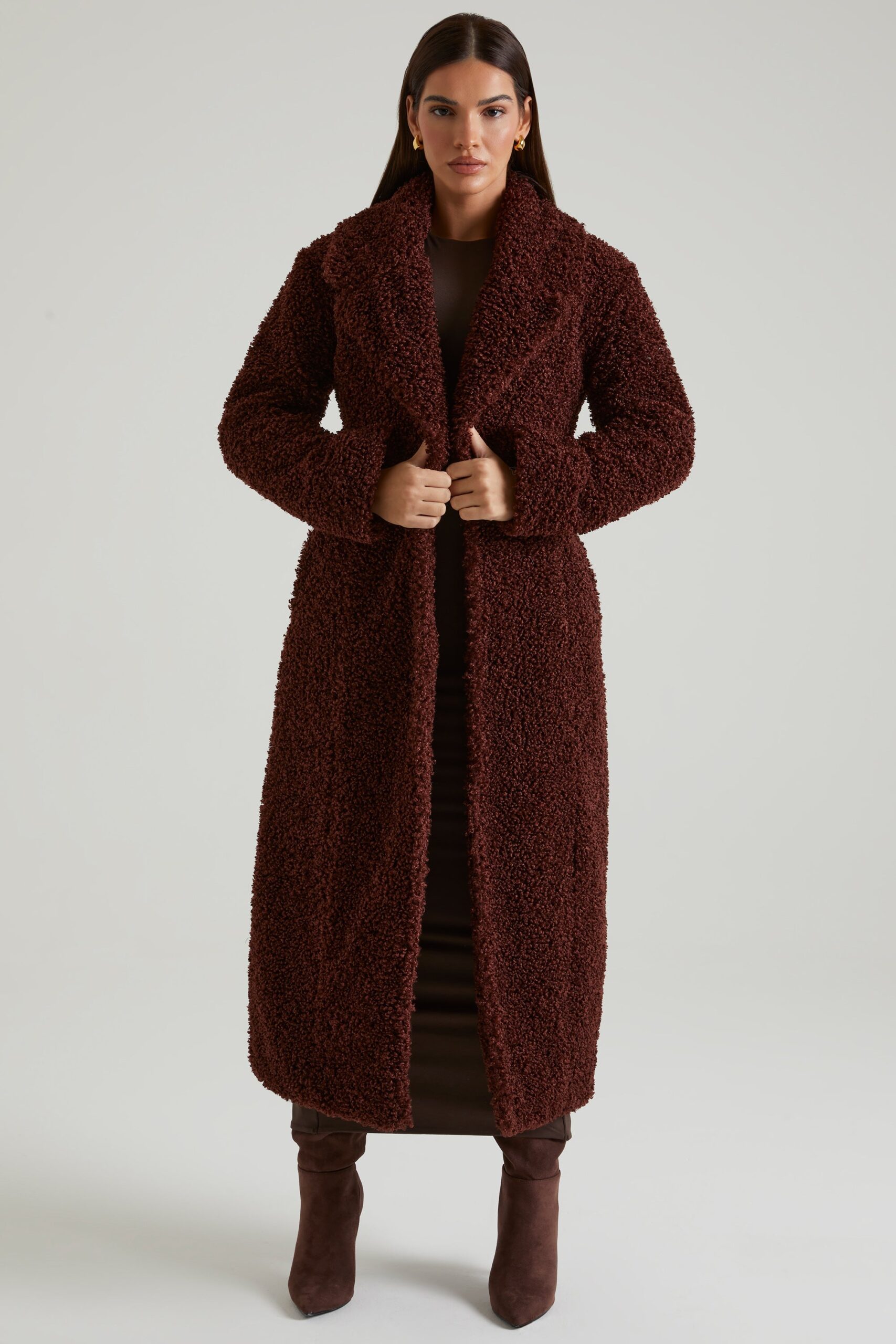 Long Shearling Coat in Brown - Image 7