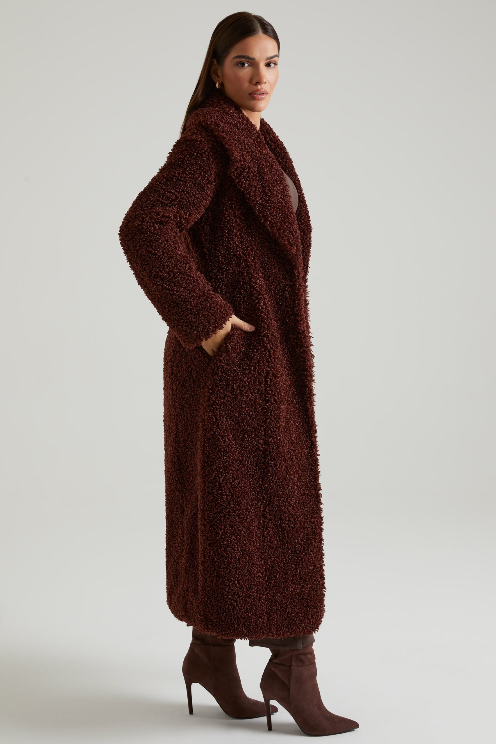 Long Shearling Coat in Brown - Image 3