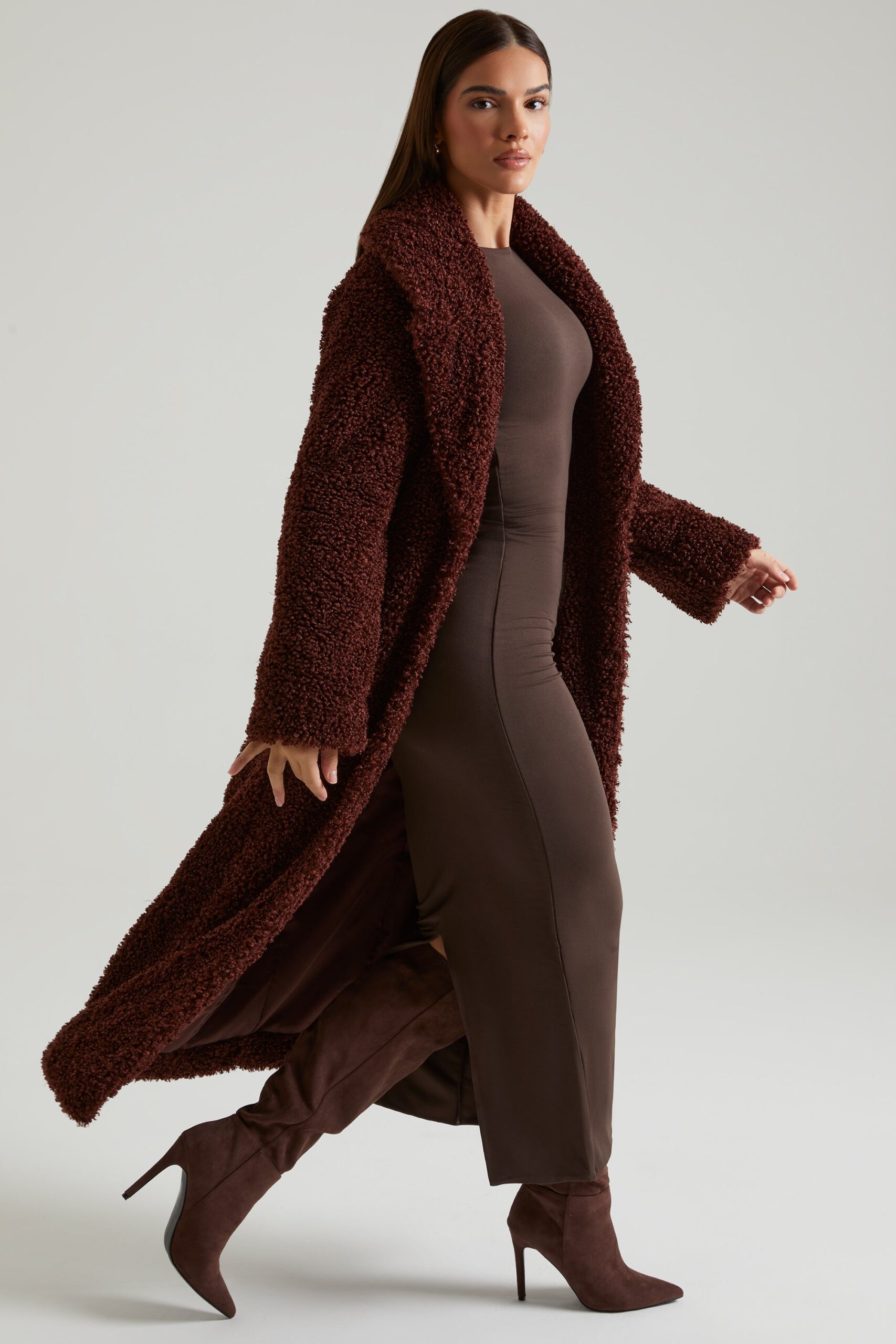 Long Shearling Coat in Brown - Image 8