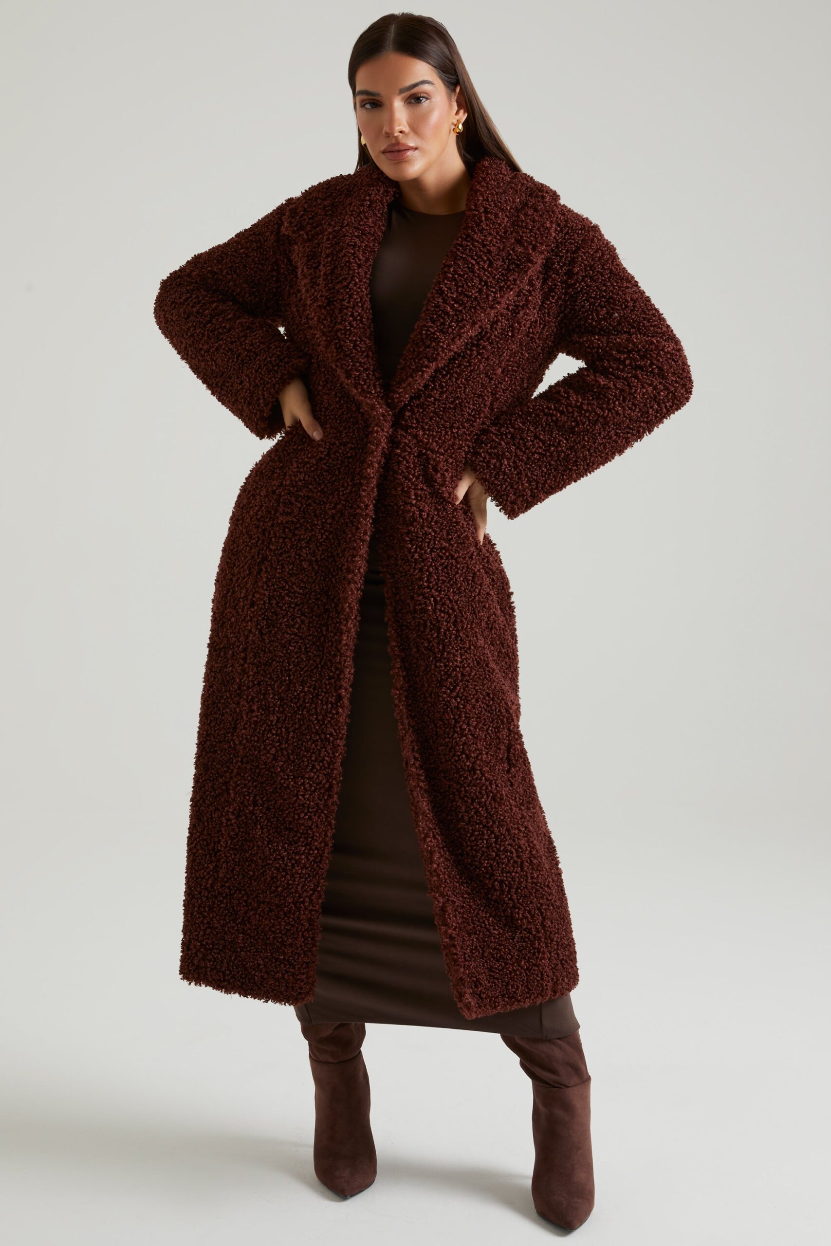 Long Shearling Coat in Brown - Image 9