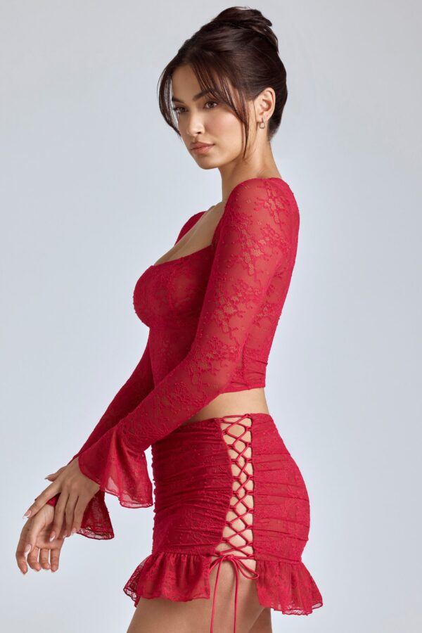 Lace Long Sleeve Top in Cherry Red - Image 3