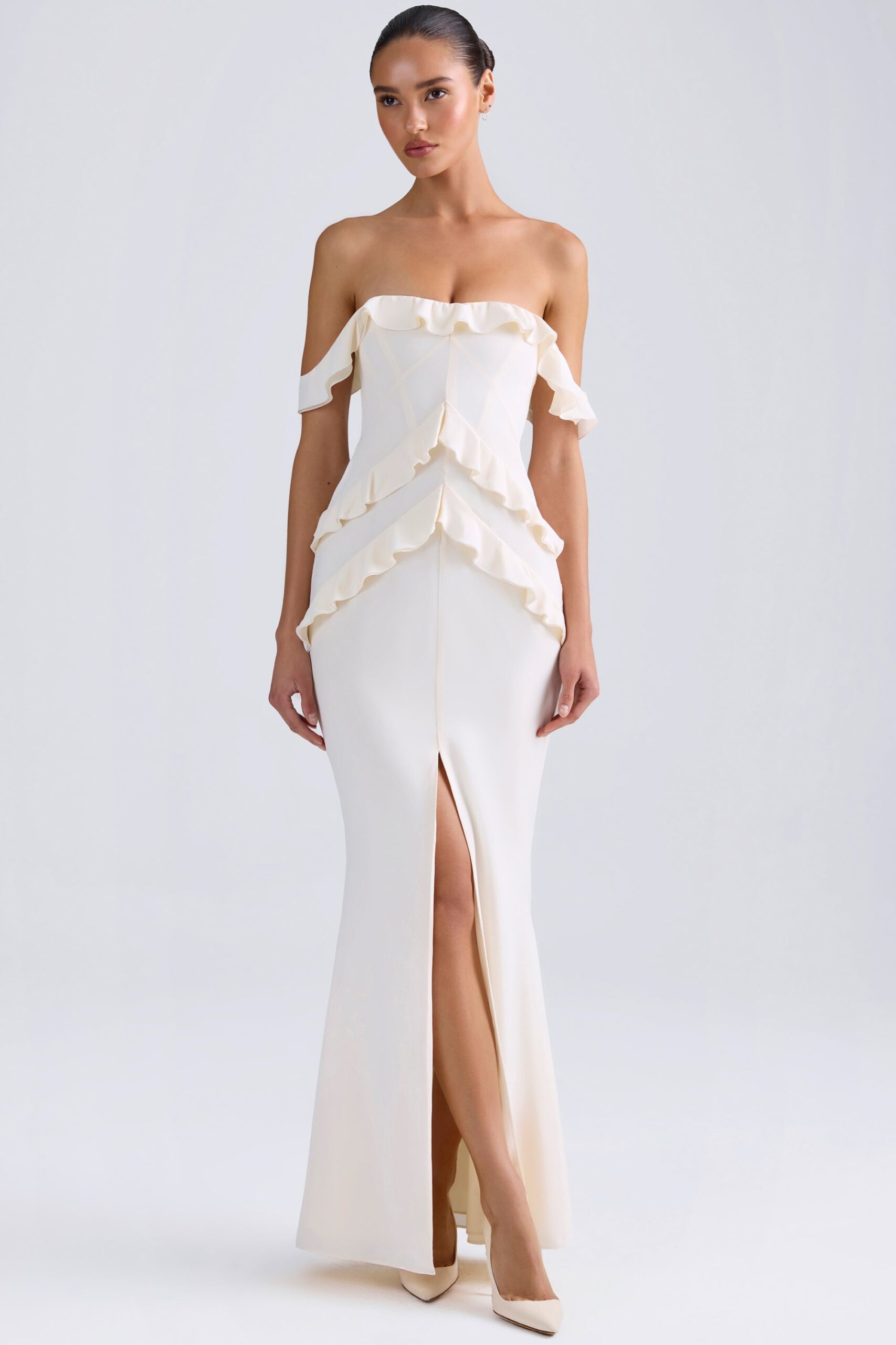 Off-Shoulder Ruffle-Trim Gown in Ivory