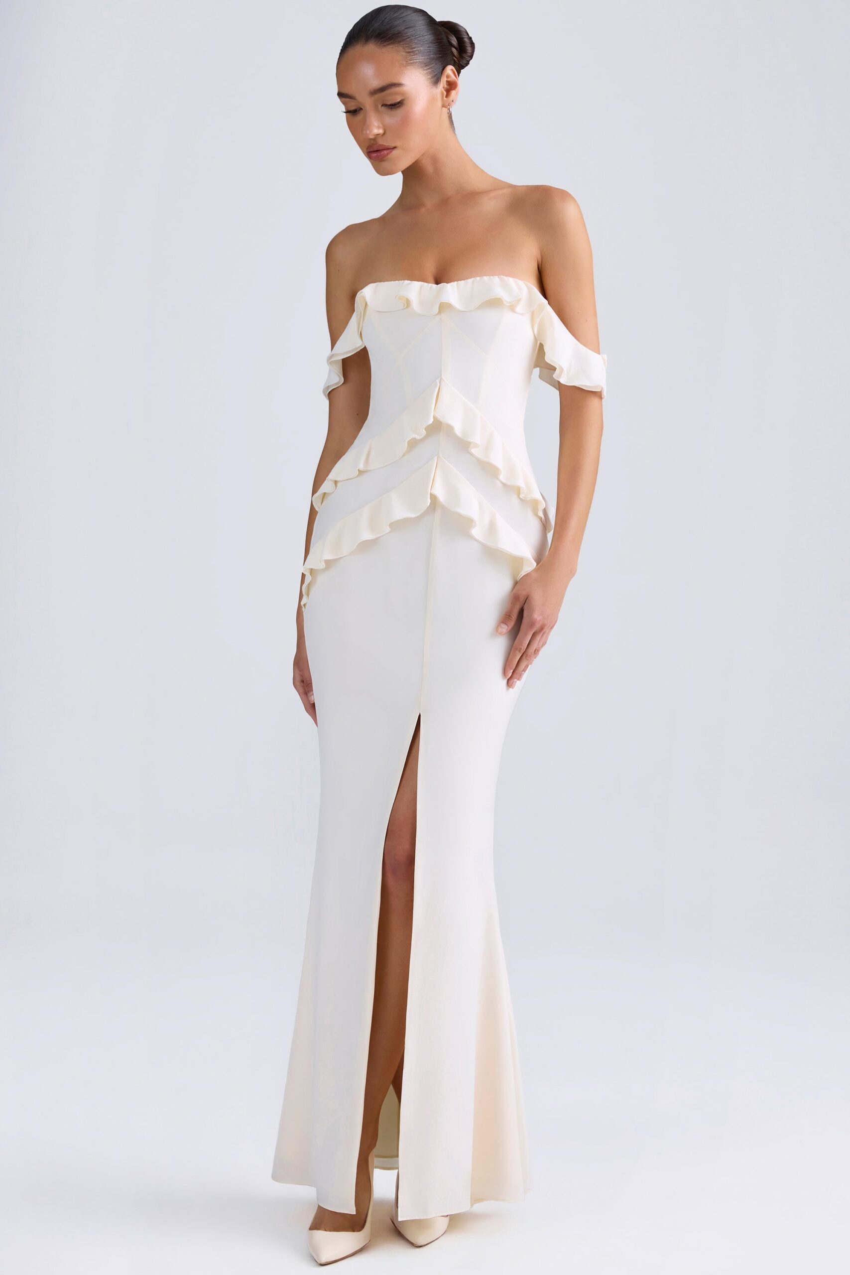 Off-Shoulder Ruffle-Trim Gown in Ivory - Image 5