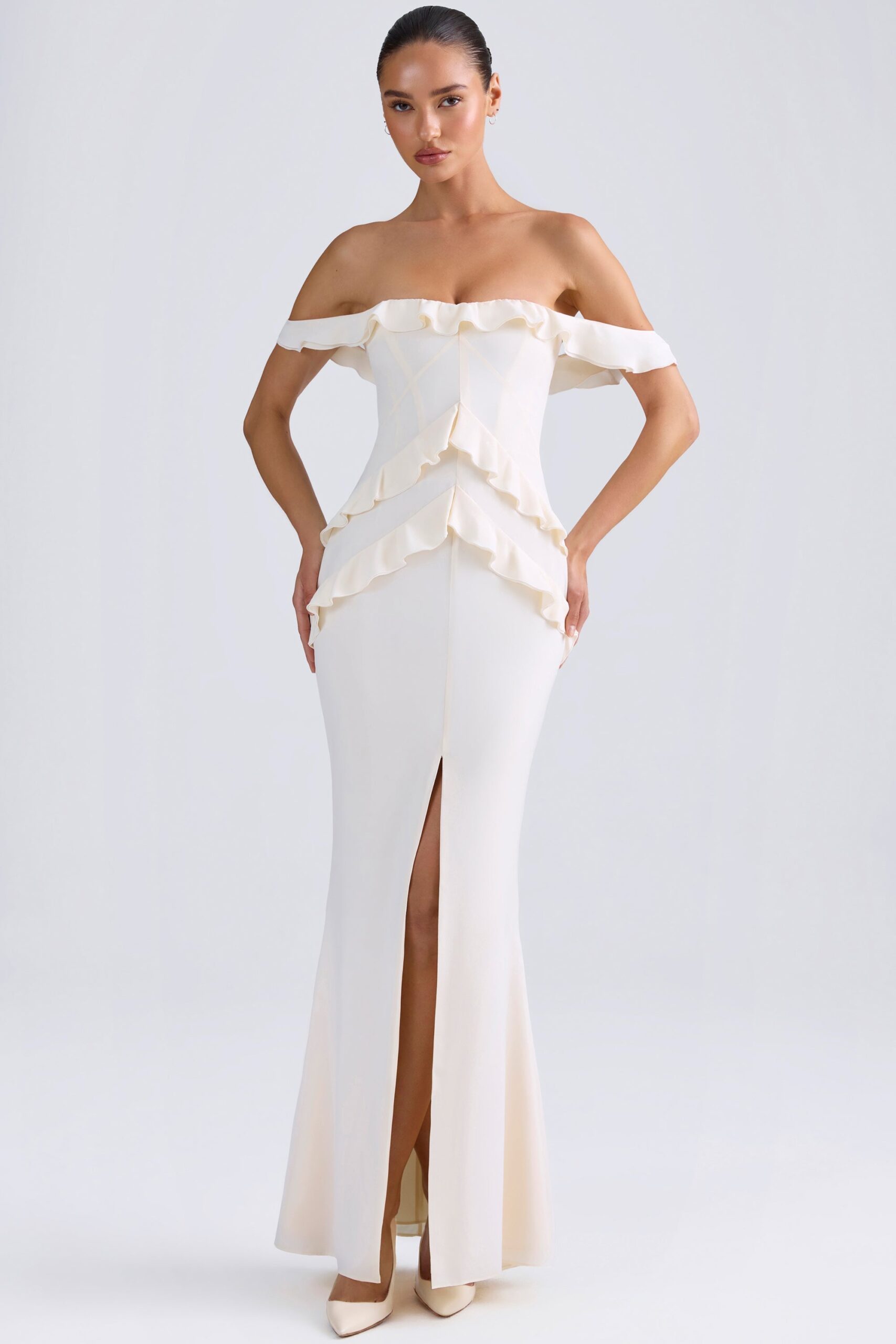 Off-Shoulder Ruffle-Trim Gown in Ivory - Image 6