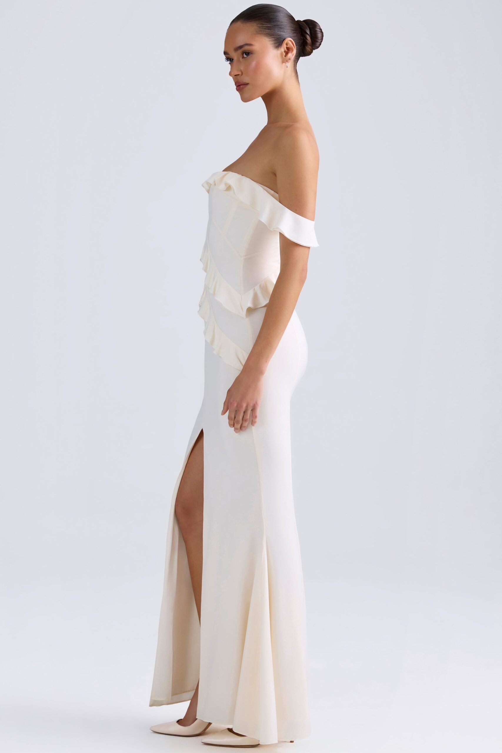 Off-Shoulder Ruffle-Trim Gown in Ivory - Image 3