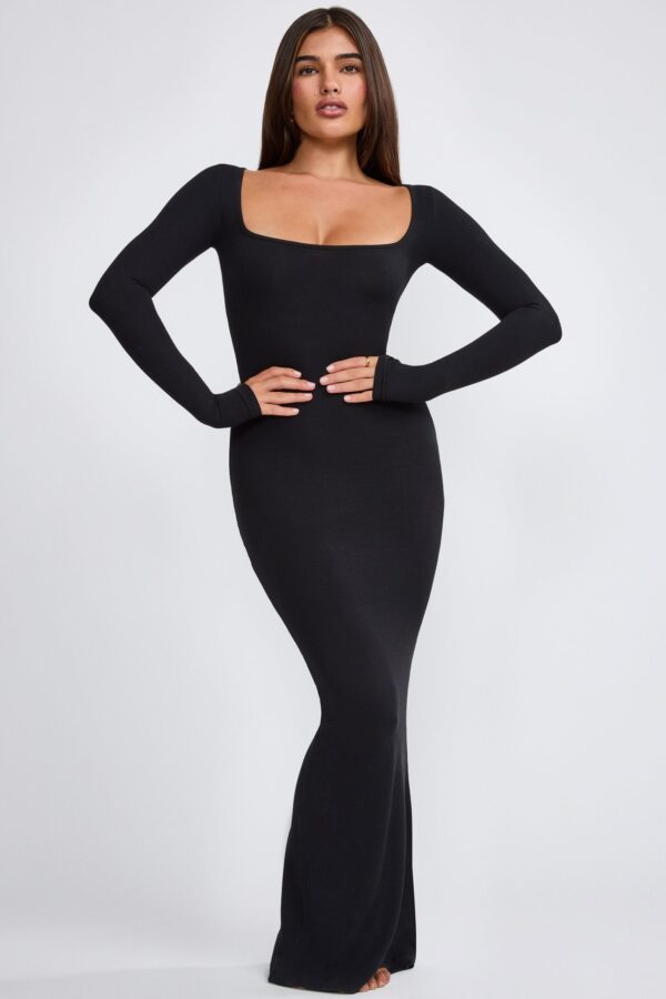 Ribbed Modal Long Sleeve Maxi Dress in Black - Image 10