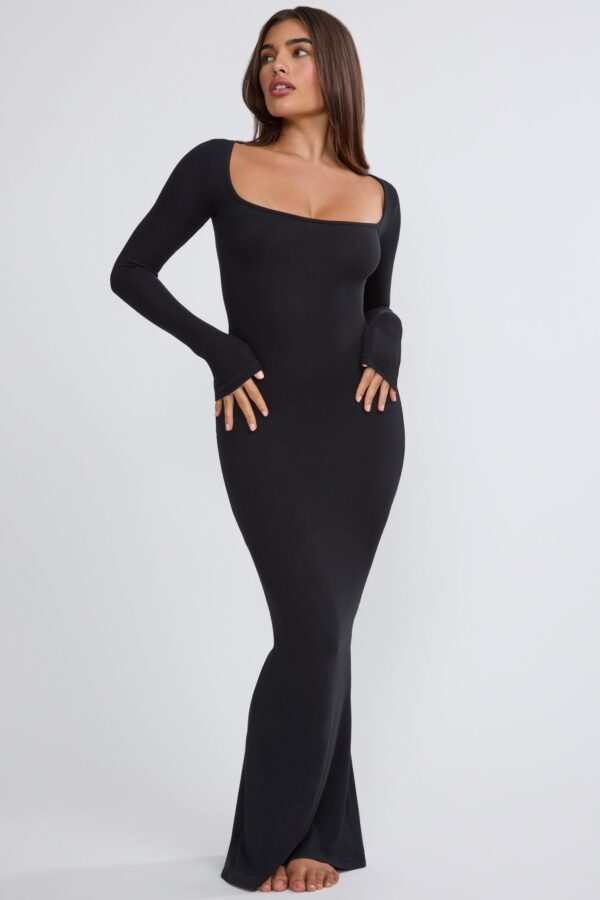 Ribbed Modal Long Sleeve Maxi Dress in Black - Image 4